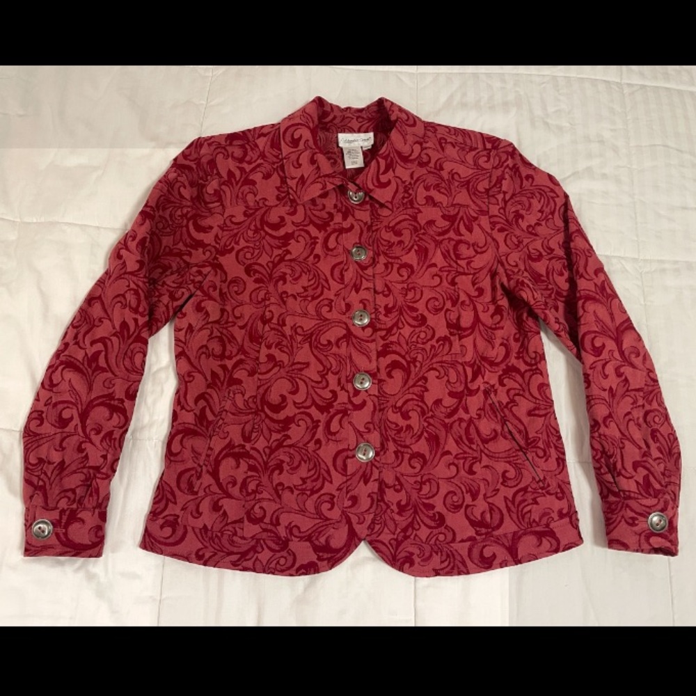 Coldwater Creek Textured Floral Brocade Jacquard Jacket Red Silver Buttons Sz M